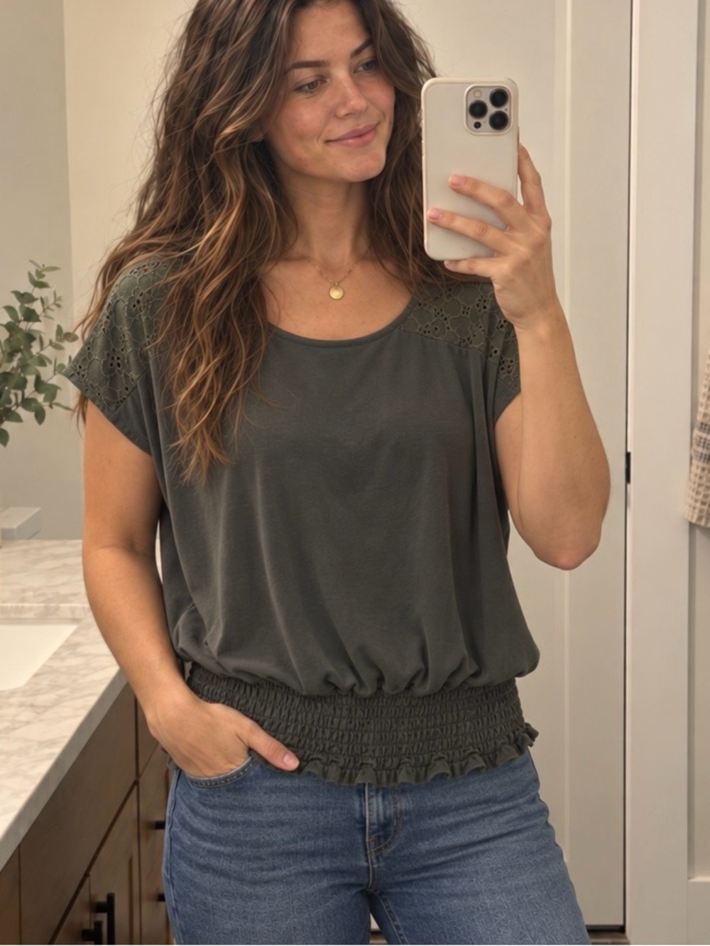 Michael Michael Kors Olive Green Smocked Hem Short Sleeve Top lace shoulder Med